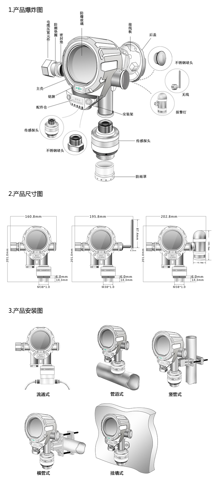 機氣貓固定在線式甲烷氣體檢測儀泵吸型網絡版尺寸與安裝圖